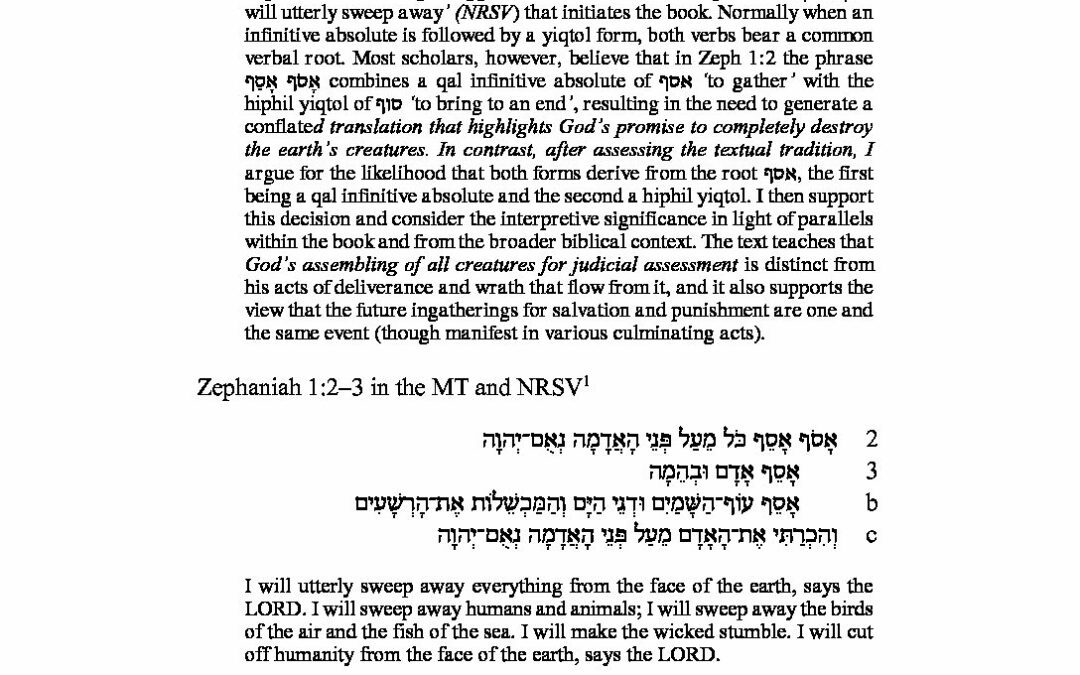YHWH’s Future Ingathering in Zephaniah 1:2: Interpreting אָסֹף אָסֵף